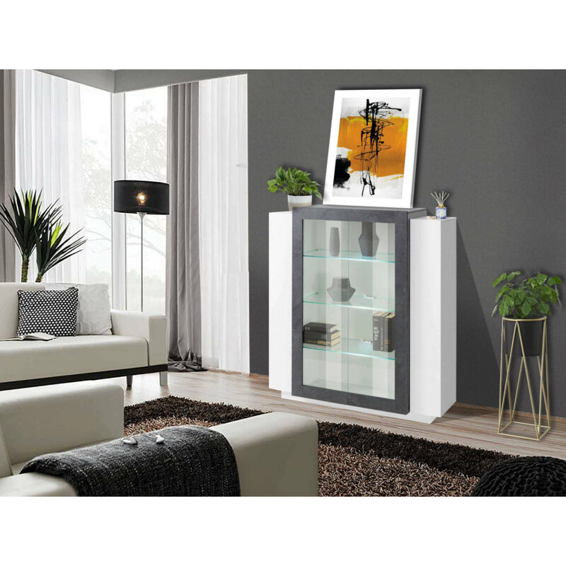 

Vitrina Modern con puerta de cristal, Made in Italy, con luz LED blanca, Aparador con estantes, Vitrina de salón, 120x45h115 cm, blanco brillante y