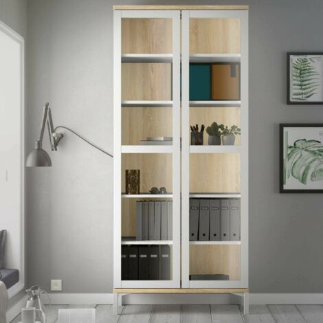 Dmora - Vitrina Lisanne, Aparador de exposición, Vitrina multiusos, Aparador de salón, 89x36 h203 cm, Blanco y Roble