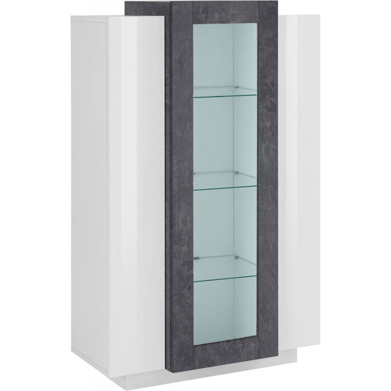 

Vitrina Modern con puerta de cristal, Made in Italy, Aparador con estantes, Vitrina para salón, 80x38h121 cm, Blanco brillante y Gris ceniza, con luz