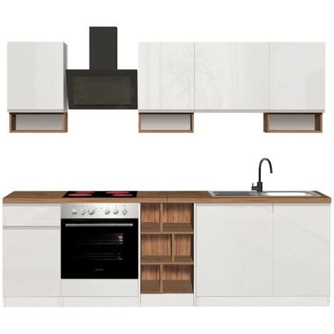 Dmora - Vollständige Küche Rudolf, Set mit Speisekammer, Küchenzeile Schrank, Linearer Blocksatz, 100% Made in Italy, 255x60h85 cm, Glänzendes Weiß und Eiche