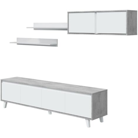 Dmora - Wohnwand Dmuldu, Wohnzimmerset, Mehrzweck-Wohnzimmermöbel, moderne Wohnwand, 200x41h50 cm, Zement und glänzendes Weiß