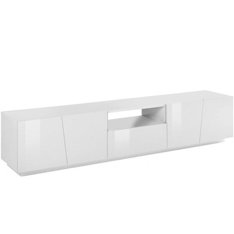 Dmora Wohnzimmer TV-Ständer, Made in Italy, TV-Ständer mit 4 Türen und 1 Schublade, 220x43h46 cm, glänzend weiße Farbe