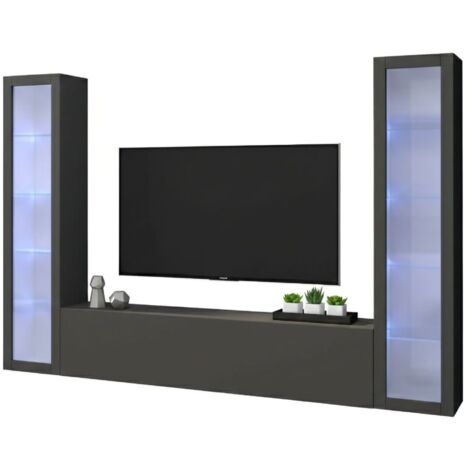 Dmora - Wohnzimmermöbel Dduc, Wohnzimmer-Set TV-Möbel mit 3 Türen, Mehrzweck-Wohnzimmermöbel mit Vitrine und LED-Licht, 100% Made in Italy, cm 260x30h180, Anthrazit