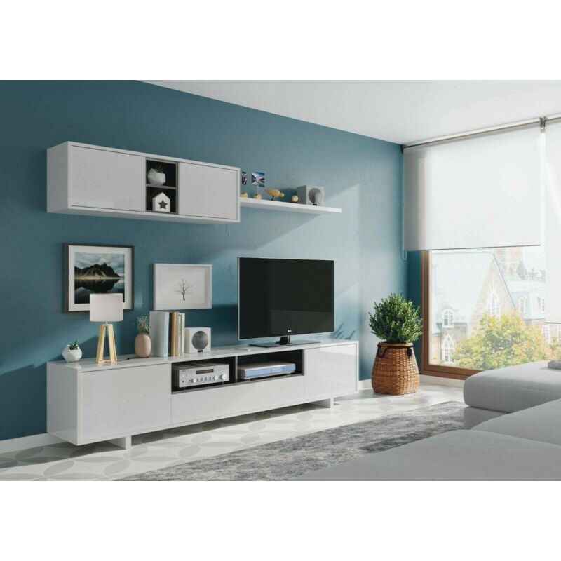 Dmora Wohnzimmer Wohnwand, Moderner TV-Schrank, mit 2-türiger Wohnwand und Regal, cm 200x46h41, Farbe Weiß glänzend