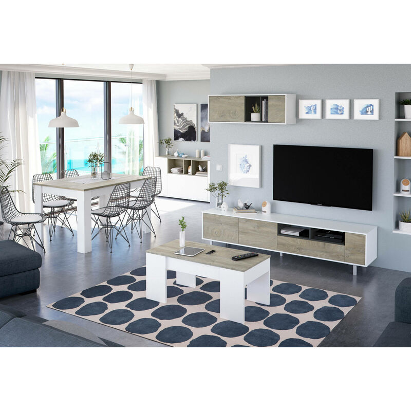 Dmora - Wohnzimmerwandsystem, Modern White TV-Schrank, mit Hängeschrank und Regalen, 260 x 37 x 40 cm, Farbe Weiß und Eiche