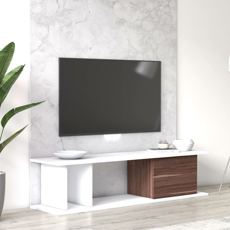 Dmora - Essential TV-Möbel für Wohnzimmer mit einer Flügeltür und offenen Fächern, 140 x 35 x 34 cm, Farbe Weiß und Walnuss