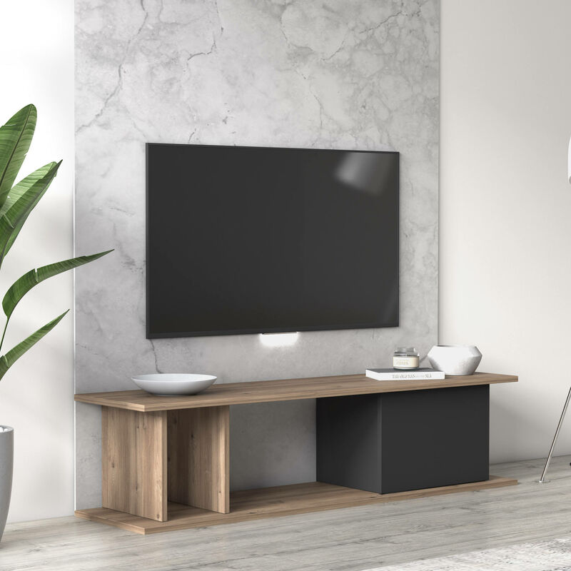 Dmora - Essential TV-Möbel Wohnzimmermöbel mit einer Flügeltür und offenen Fächern, 140 x 35 x 34 cm, Farbe Eiche und Anthrazit