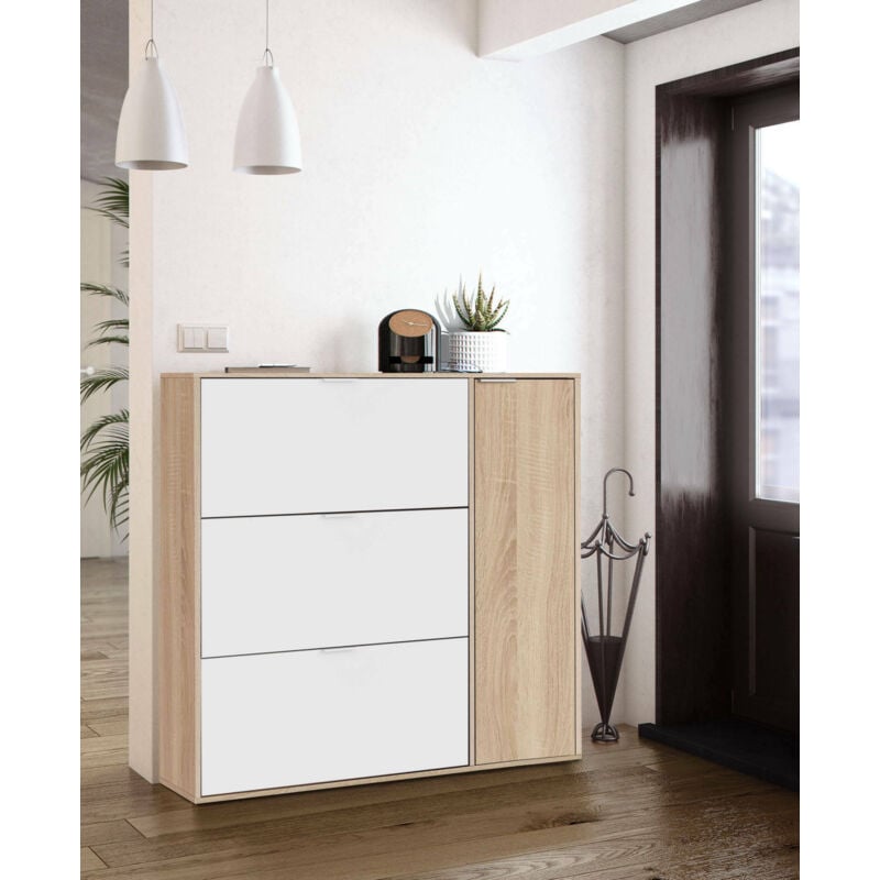 

Zapatero con tres solapas y una puerta, color Blanco y Roble, capacidad 30 pares de zapatos, 106 x 115 x 22 cm - Dmora
