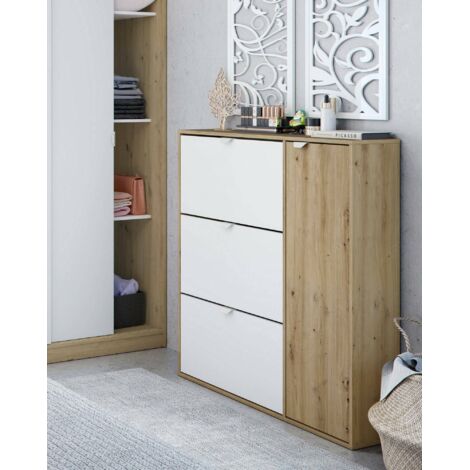Dmora - Zapatero Dmodic, Zapatero de entrada con 4 puertas, Zapatero ahorra espacio, 105x24h112 cm, Blanco y Roble