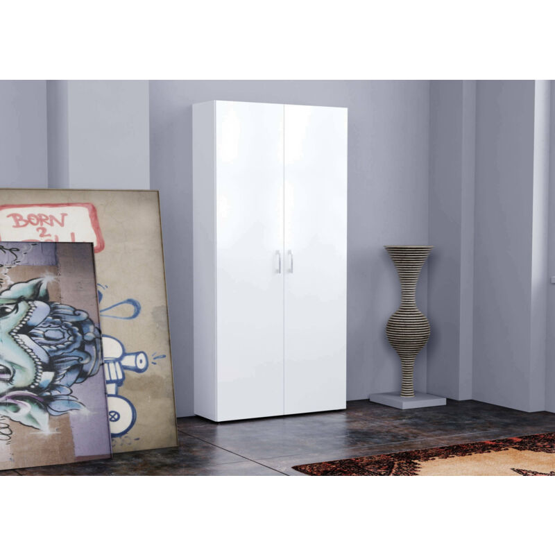 

Zapatero Modern, Made in Italy, con 2 puertas y estantes internos, Zapatero de entrada, Armario multiusos, 91x33h190 cm, color blanco brillante