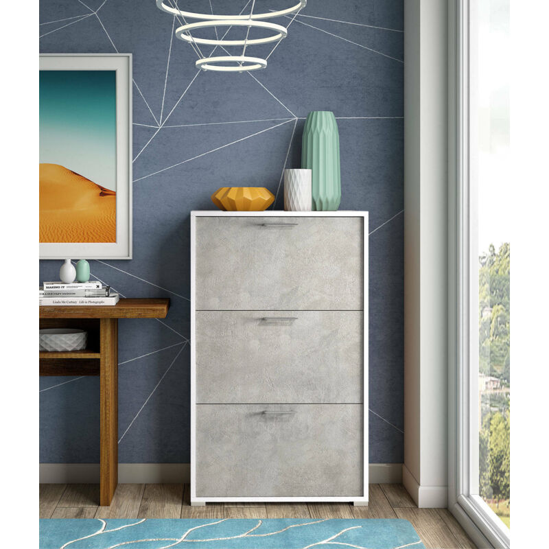 

Dmora Zapatero moderno con 3 puertas abatibles, 100% Made in Italy, Zapatero de entrada, 67x18h112 cm, Color blanco y cemento