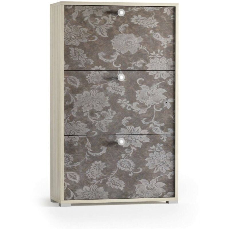 

Zapatero moderno con 3 puertas abatibles, 100% Made in Italy, Zapatero de entrada de doble profundidad, 67x28h112 cm, color olmo y estampado de