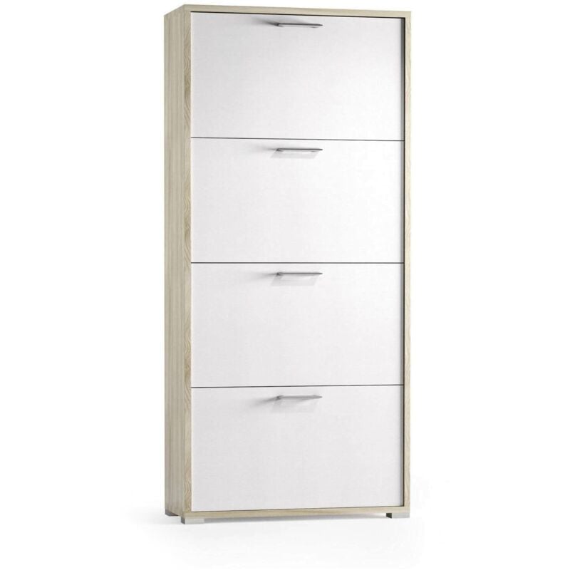 

Zapatero moderno con 4 puertas abatibles, 100% Made in Italy, Zapatero de entrada de doble profundidad, 67x28h147 cm, Color blanco y olmo - Dmora