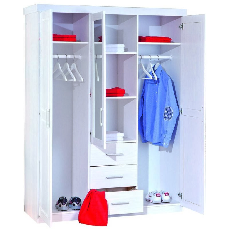 Zweitüriger Kleiderschrank mit drei Schubladen aus Glas und wasserlackiertem Massivholz, Farbe weiß, 140 x 190 x 55 cm. - Dmora