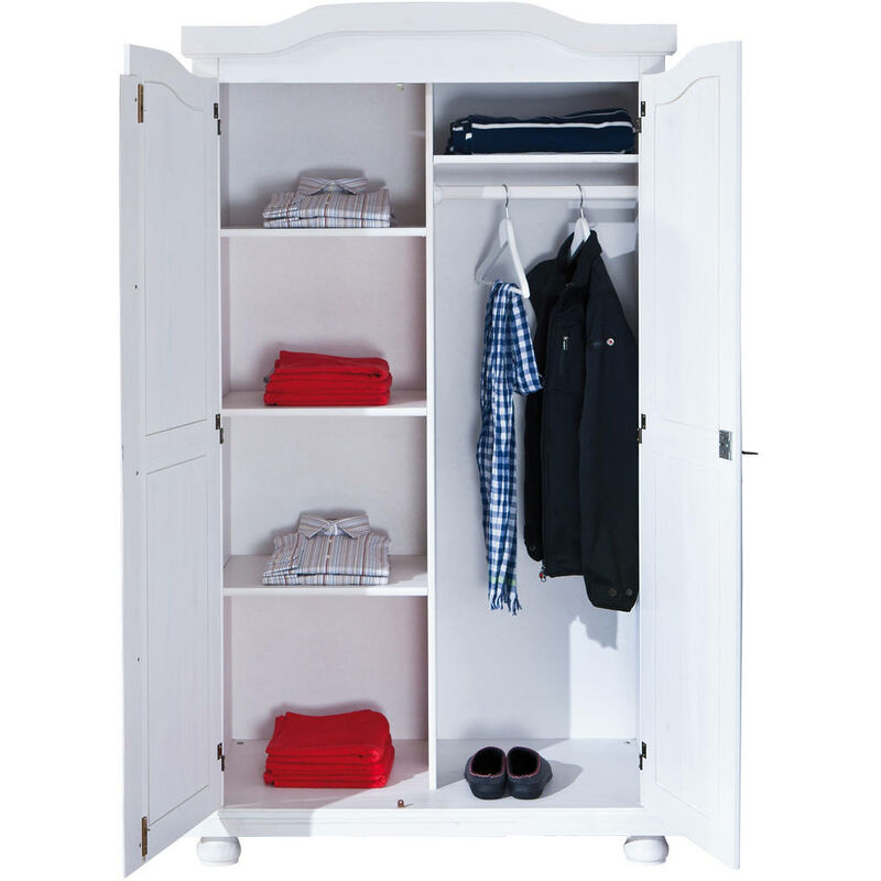 Kleiderschrank mit zwei Türen mit Regalen aus wasserlackierter massiver Kiefer, weiße Farbe, 104 x 180 x 56 cm. - Dmora