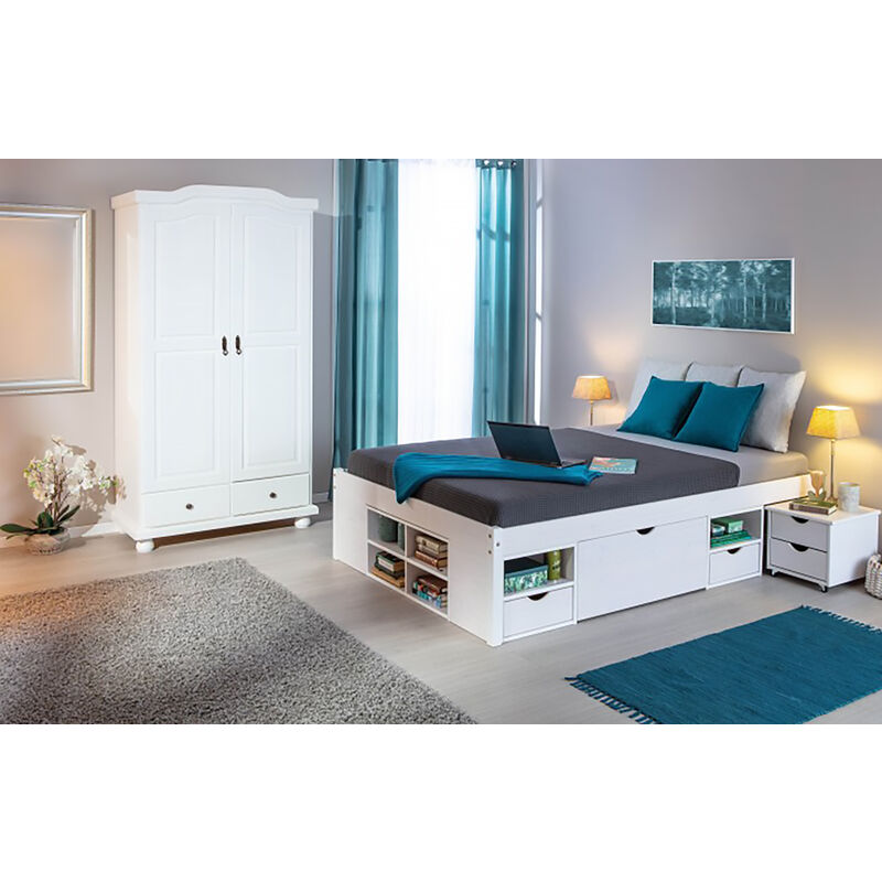 Zweitüriger Kleiderschrank mit zwei Schubladen in Kiefer massiv, Farbe weiß, 104 x 200 x 56 cm. - Dmora