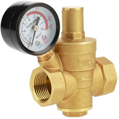 DN20 Válvula reguladora reductora de presión de agua de latón con manómetro Reductor de presión ajustable de flujo ajustable, protege la plomería (DN20)