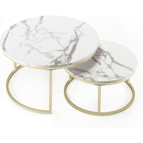 DNU 2er-Set Couchtisch, runder Beistelltisch mit Metallrahmen - für Wohnzimmer, Schlafzimmer, Balkon