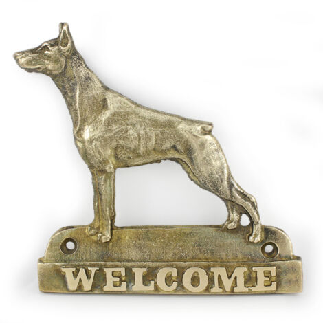 Dobermann, Dobermann - ein Türschild mit Hund, ein Willkommensschild aus Messing, ein einzigartiges Schild mit der Aufschrift Welcome von Art-Dog