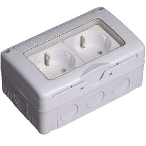 Doble Enchufe 2P + T 16A 250V Estanco Superficie con Tapa de Plástico