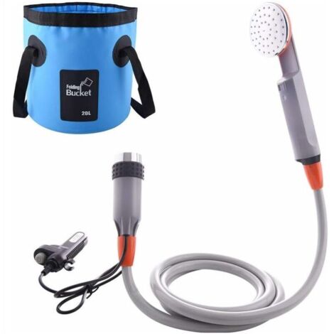 Doccia portatile da campeggio, doccia da escursionismo con pompa sommergibile, batteria al litio da 2200 mAh ricaricabile tramite USB, due soffioni doccia di ricambio e secchio pieghevole per escursio