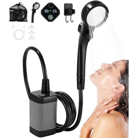 Doccia portatile da campeggio, pompa ricaricabile con display digitale intelligente con display a LED, soffione doccia regolabile, soffione doccia con secchio pieghevole per campeggio ed escursionismo