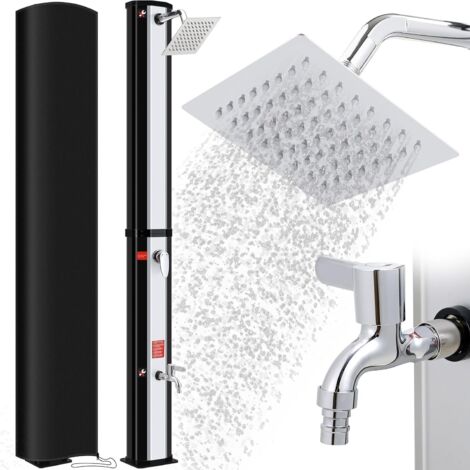 Doccia solare da 60 litri, 228 cm, doccia da esterno con soffione, lavapiedi e copertura protettiva, temperatura dell'acqua fino a 60 °C (argento-nero)