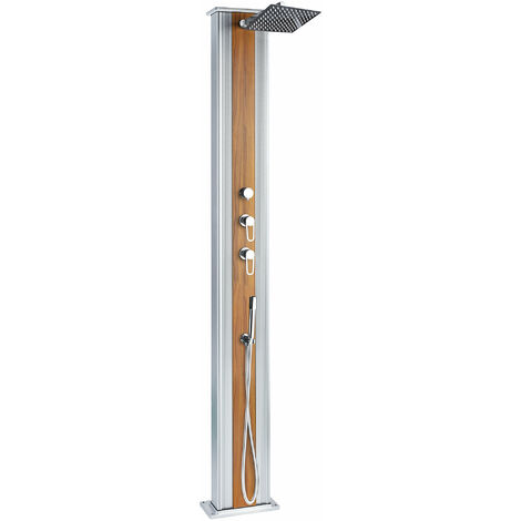 Doccia Solare Ibrida da Giardino 40L Miscelatore e Doccetta Lavapiedi Alluminio Metallizzato/Legno
