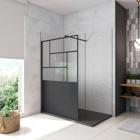 Doccia Walk In Parete Fissa Vetro Temperato 8 mm Anticalcare 100x200cm Semitrasparente Riquadri Nero Serigrafato Barra Stabilizzatrice da 140cm