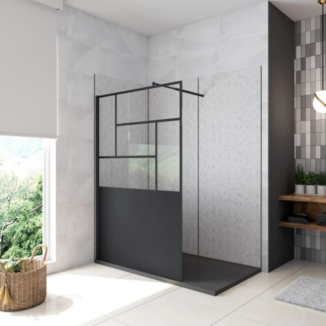 Doccia Walk In Parete Fissa Vetro Temperato 8 mm Anticalcare 100x200cm Semitrasparente Riquadri Nero Serigrafato Barra Stabilizzatrice da 70-120cm