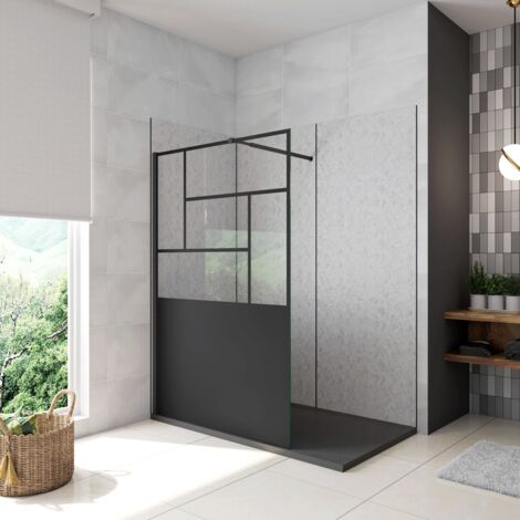 Doccia Walk In Parete Fissa Vetro Temperato 8 mm Anticalcare 90x200cm Semitrasparente Riquadri Nero Serigrafato Barra Stabilizzatrice da 73-120cm