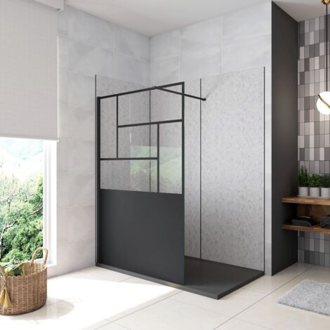 Doccia Walk In Parete Fissa Vetro Temperato 8 mm Anticalcare 90x200cm Semitrasparente Riquadri Nero Serigrafato Barra Stabilizzatrice da 90cm