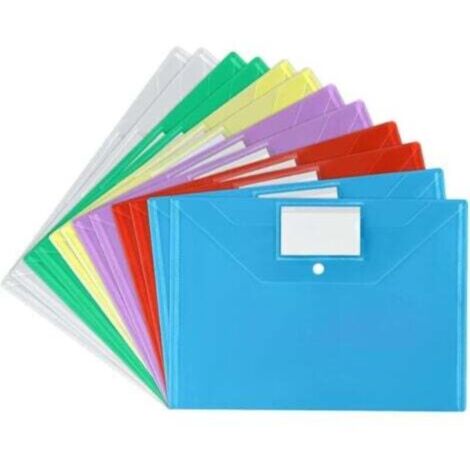 Document Folder, 12 A4 Folders in Six Different Colors, with Snap Closure and Business Card Pocket, for Filing, Sorted for School, Work, Office and Home