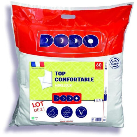 Dodo – Lot de 2 oreillers 60 x 60 cm – Enveloppe en polyester doux – Garnissage fibre VOLUPT'AIR – Confort optimal pour nuits paisibles