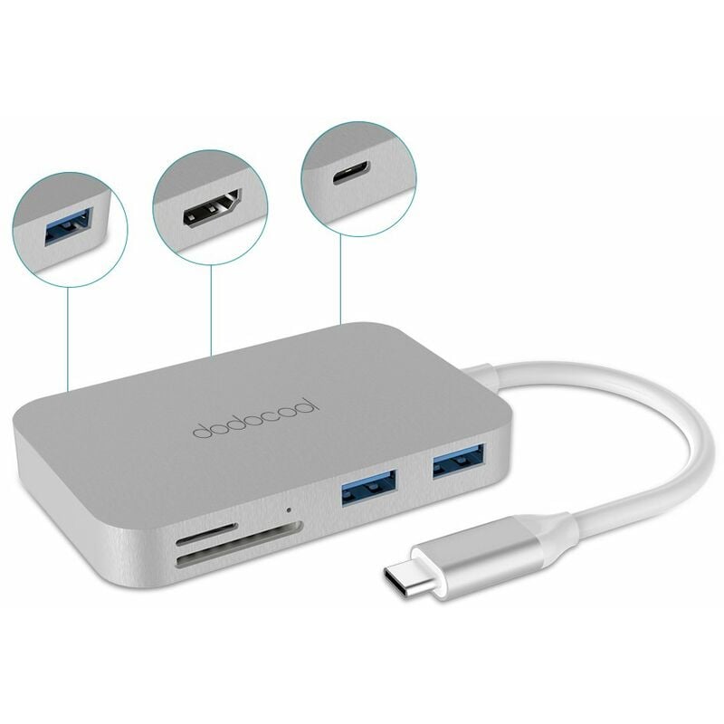 

Hub USB-C 7 en 1 de aleacion de aluminio con suministro de energia tipo C Salida de video 4K HD Lector de tarjetas SD / TF y 3 puertos USB 3.0