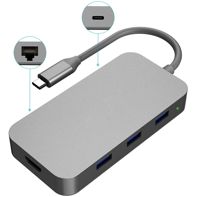 

Hub USB-C multifuncion de aleacion de aluminio 6 en 1 con suministro de energia tipo C Puerto de salida de video HD 4K Adaptador Ethernet Gigabit y 3