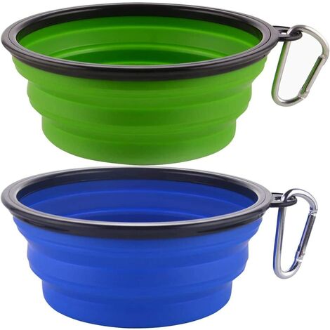 Dog bowl, set of 2 foldable bowls for silicone dog with carabiner, laptop bowl with water or food for great dogs, dog travel bowl (green + blue)
