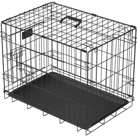 BRIEFNESS Dog Cage Crate Pet Metal Folding Cage with 2 Doors (Front & Side) with Chew Resistant Plastic Base Tray and Carrier Handle – Heavy Duty Box Perfect for Puppy Training