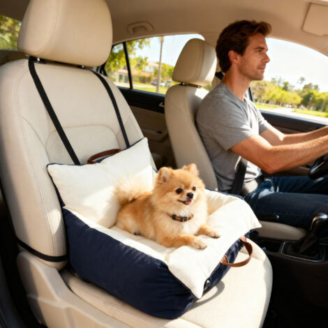 Dog Car Seat, Cosy Pet Car Booster Seat for Small Dog Under 5 KG, Portable Travel Bed with Safety Belts, Navy Blue