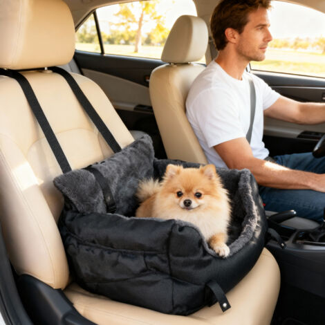 Dog Car Seat for Small Dogs with Fixed Buckle, Safety Leash, Washable Cover, 58 x 45 x 28 cm, Black