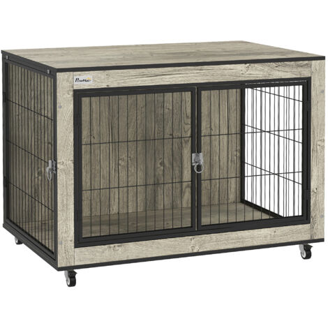 Dog Crate Furniture with Wheels, Double Doors, for Medium Dogs, Grey