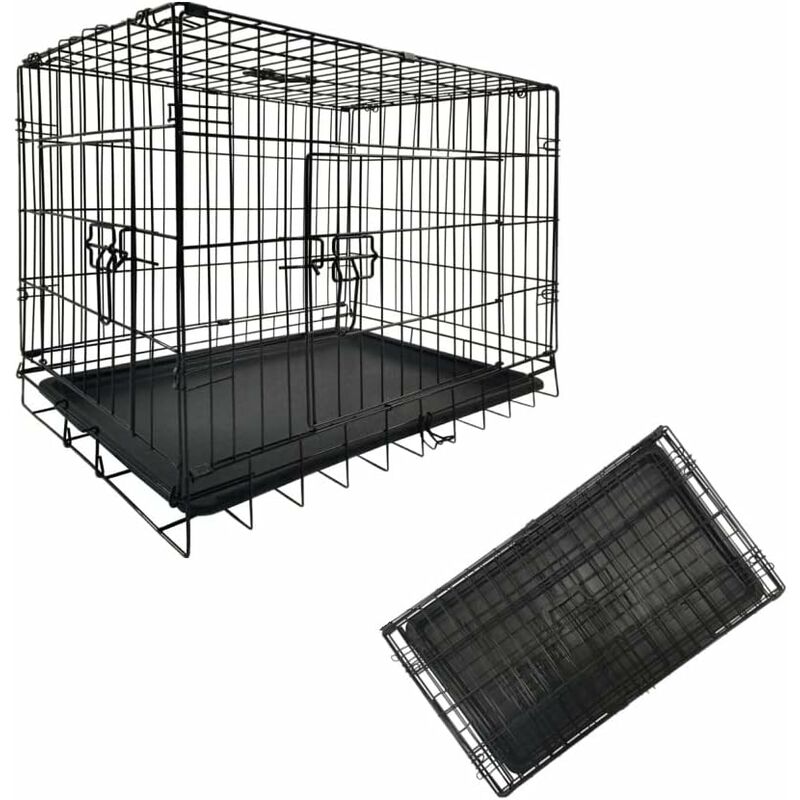 Briefness - Dog Crate Large 24 inch Pre-assembled Sturdy Black Metal Wire Frame Double Access Front Side Door Removable Plastic Tray Puppy Training