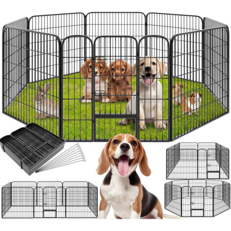 Dog Pen - 8 sections, foldable, door with double locking, ground anchoring possible - dog pen, dog playpen, puppy pen - 80 cm
