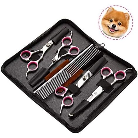 Dog Scissors, 4 Piece Titanium Coated Stainless Steel Pet Grooming Tool Set, Thinning/Straight/Curved Shears and Comb