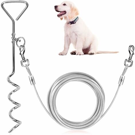 Dog Tether Leash with Spiral Anchor, 5M Dog Tether Cable with 40CM Spiral  Stake for Dogs up to 120 LB for Playing, Camping and Courting in Ground  (White) GROOFOO