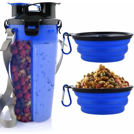 Dog Water Bottle with 2 Collapsible Bowls Portable 2 in 1 Water Bottle and Food for Dogs Cat Pets, Travel Bottle for Walking, Exercise, Hiking, Camping (Blue)