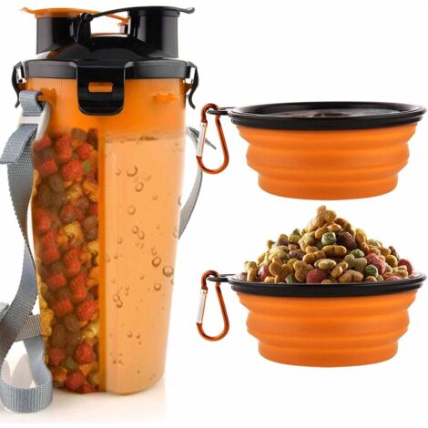 Dog Water Bottle with 2 Collapsible Bowls Portable 2 in 1 Water Bottle and Food for Dogs Cat Pets, Travel Bottle for Walking, Exercise, Hiking, Camping (Orange)