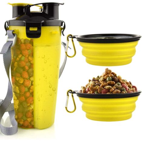 Dog Water Bottle with 2 Collapsible Bowls Portable 2 in 1 Water Bottle and Food for Dogs Cat Pets, Travel Bottle for Walking, Exercising, Hiking, Camping (Yellow)