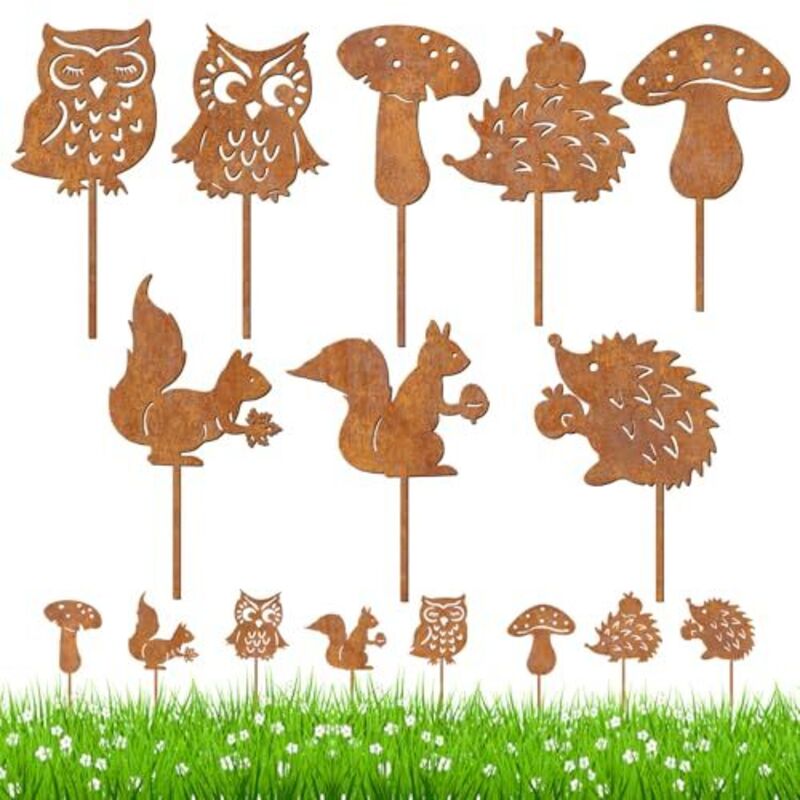 Dog's Booty Lot de 8 piquets de jardin en métal rouillé - Décoration d'automne - Hibou - Hérisson - Écureuil - Champignon - Décoration de jardin pour