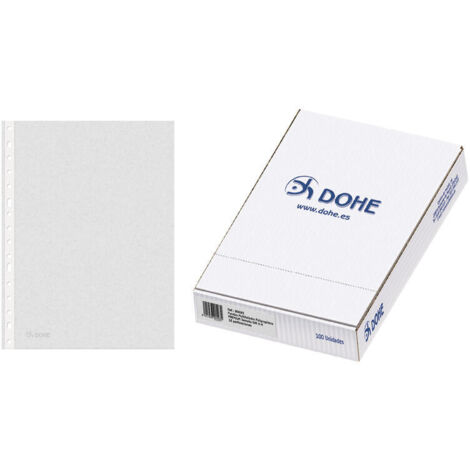 Dohe Pack de 100 Fundas Multitaladro Premium
Especificaciones:
-Color: Transparente
-Perforaciones: 16
-Para formato: A4
-Cantidad: 100ud
-Material: P